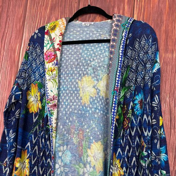 JOHNNY WAS Cotton Cashmere Printed Duster Hoodie Cardigan Blue Yellow Size XS - Picture 3 of 8